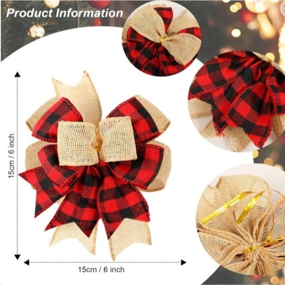 Plaid Bow Gift Wrap 6" Burlap Bow Checkered Ribbon White Green Red Orange Set/4 - Picture 2 of 4